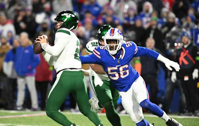 Buffalo Bills defensive end Leonard Floyd (56) about to sack New York Jets quarterback Zach Wilson (2). Mandatory Credit: Mark Konezny-USA TODAY Sports